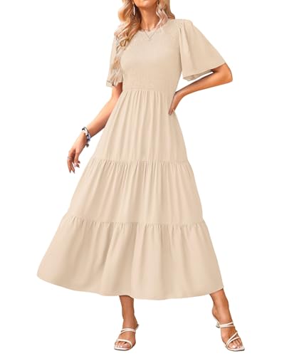 Image of KIRUNDO Summer Dresses for Women 2026 Spring Casual Flutter Short Sleeve Wedding Guest Smocked Flowy Tiered Aline Midi Dress