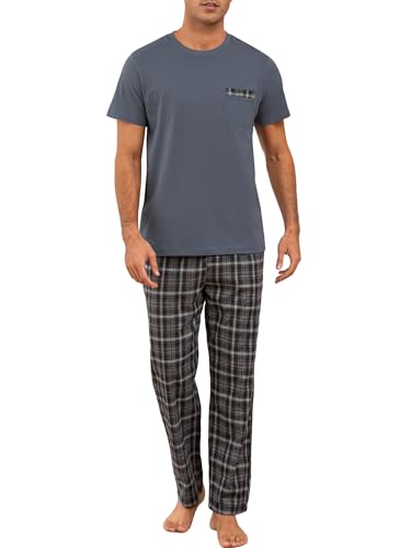 Winovia Schlafanzug Herren Kurzarm mit Langer Karierter Hose, 100% Baumwolle Pyjama Set für Männer, Weiche Nachtwäsche mit Brusttasche, Zweiteiliger Hausanzug & Loungewear