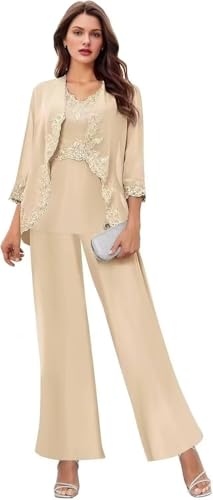 3 Pieces Mother of The Bride Pant Suit for Women Dressy Chiffon Lace Wedding Outfit Set with Jacket3