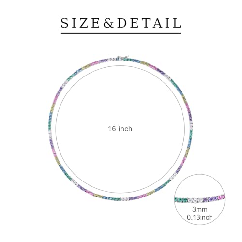 925 Sterling Silver Rainbow CZ Tennis Necklace for Women, Dainty Colorful Choker, Y2K-Inspired Pastel Jewelry Gift4