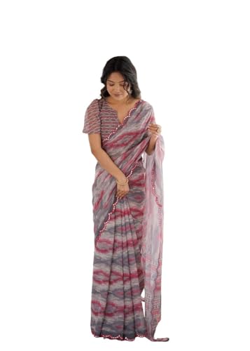 RAJESHWAR FASHION WITH RF Women's Scalloped Border Saree| Tie-Dye Printed Sarees | Scalloping Mirror Work Embroidery Border Sari | Georgette Saree With Blouse Piece | Grey