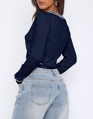 Ezbelle Women's V Neck Sweater Long Sleeves Striped Shirt Knit Button Down Top Open Front Cardigan Crop Sweaters2