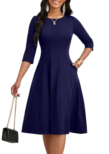 Image of CLOCOR Casual Midi Dresses for Women A-Line Fit and Flare Elegant Church 3 /4 Sleeve Crew Neck Dress with Pocket