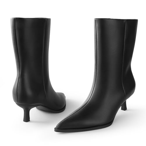 Kitten Heel Ankle Boots for Women - Black Brown Kitten Heels Wide Calf Ankle Booties Womens Winter Fall Boots for Women 2025, Dress Shoe, Pointed Toe, Memory Foam, Mid Calf, Leather, Low Heel, Slip Pull on, Comfortable2