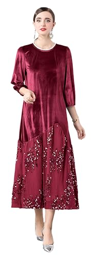 LAI MENG FIVE CATS Women's Velvet Crew Neck Three-Quarter Sleeves Lace Patchwork Sequins Midi Dress with Belt