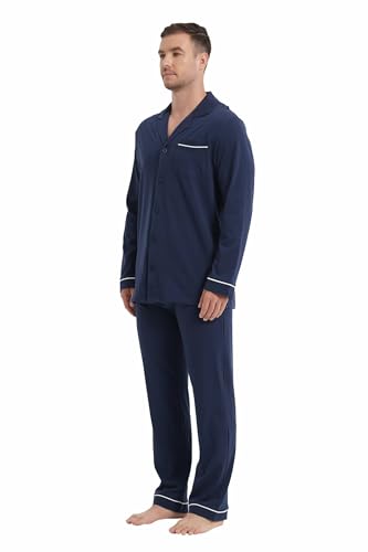 amaxer Men's 100% Cotton Classic Pajamas Set Soft Warm Long Sleeves For Men Pockets Button Pjs Elastic High Waist3