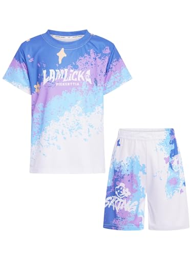 Kids Boys Gradient Sports Quick-Drying Athletic Outfit Round Neck T-shirt and Shorts Set Purple 7-8 Years3