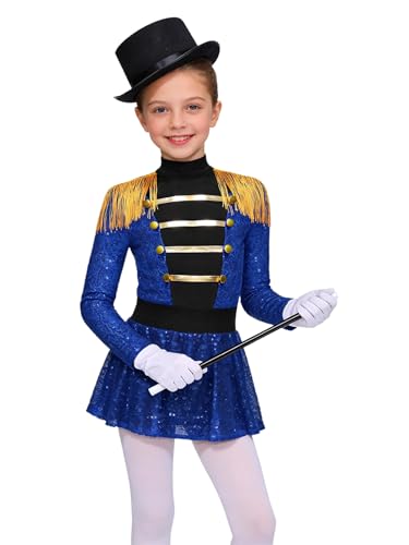 Jydiazi Disfraz de circo para niños, vestido de director de circo, vestido para niña, lentejuelas, maillot de baile, Ringmaster accesorios, Halloween, carnaval, Circus Manege, azul, 110-116