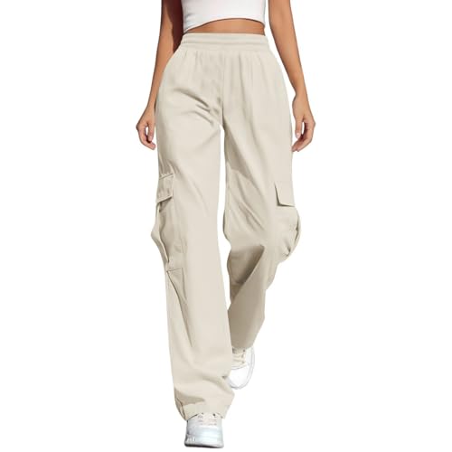 Cargo Sweatpants for Women Trendy Elastic High Waist Sweat Pants Teen Girls Y2K Fashion Wide Leg Pants with Pockets Pink