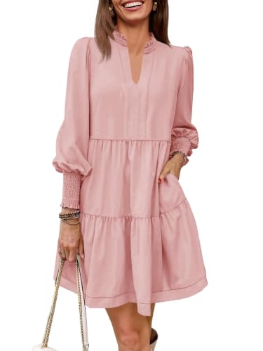 Image of Imily Bela Womens Fall Long Sleeve Tunic Dress Casual V Neck Tiered Dress | Loose,Swing,A-Line,Ruffled Collar,Puff Balloon Sleeve,Smocked Elastic Cuffs,Tiered Layered Ruffle Hem,Babydoll,Loose,Mini