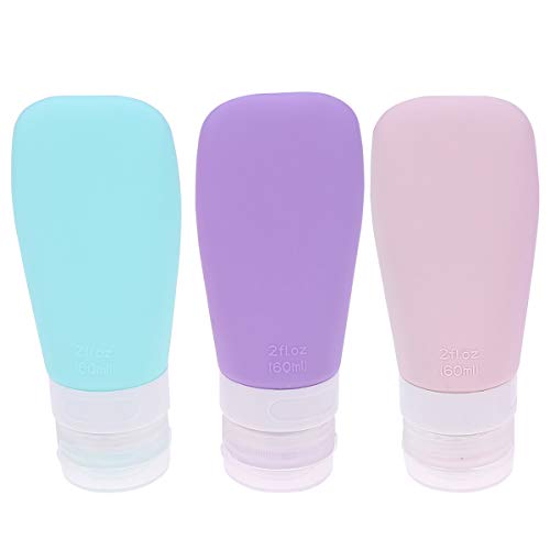 TOPBATHY 60ML Silicone Travel Bottle Set Portable Sub-bottle Travel Containers for Toiletries - 3 pack (Purple+Pin+Blue) Cover