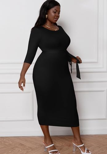 Runwind Women's Plus Size Maxi Dress Casual 3/4 Sleeve Bodycon H-Line Work Cocktail Fitted Dresses Crewneck4