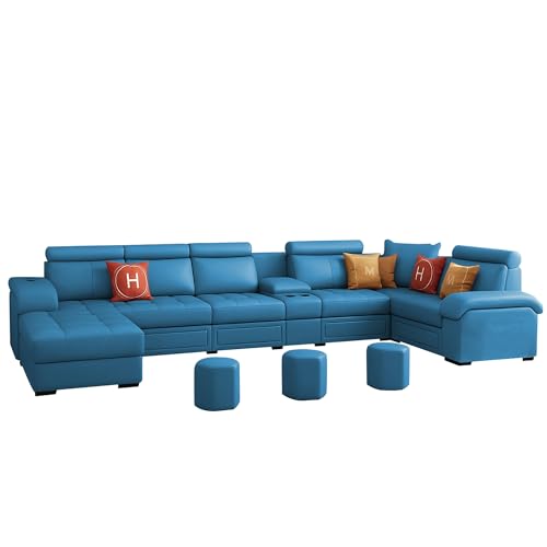 Image of Casaliving Emerson Modern U-Shaped Sectional Sofa Set 9 Seater, Sofa Couch with 3 Puffy for Hall (Turquise Colour) Premium Leatherette Fabric Sofa Set for Living Room