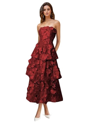 3D Floral Embroidery Prom Dresses Strapless Ruffle Tiered Midi Formal Dress Tea Length Wedding Guest Dress