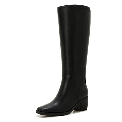 ZXHYZLZ Women's Black Wide Calf Knee High Boots – Plus Size Square Toe Low Heel Tall Boots with Side Zipper, Comfortable Fall Winter Footwear