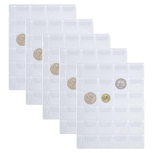 Feuilles pour Pièces de Monnaie, Coin Pocket Pages, 20 Pochettes par Page, Page pour Classeur de Monnaie, pour Pièces Euros et Commémoratives, 5 Feuilles (43mm X 43mm)