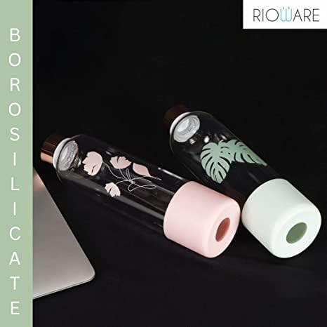 Image of Rioware Purifa Borosilicate Glass Water Bottle With Silicon Sleeve (750Ml) | Airtight Lid | Leak Proof | Golden Cap | Fridge Water Bottles For Home, Office & Gym (Green, 750 Ml- Pack Of 01)