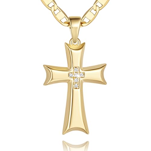 Cross Necklace for Women Gold Cross Necklaces for Women Cubic Zirconia 14K Gold Crosses Chain Necklace Pendant for Womens Mariner Chain Ribbon-Edge 48cm Womens Crosses Necklaces 24mm
