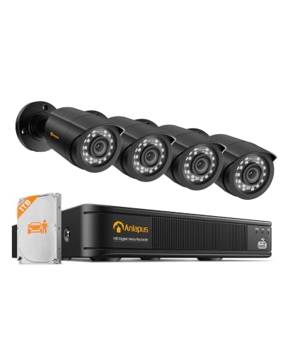 Anlapus 1080P Sistema de Seguridad 8 Canales H.265+ Grabador DVR con 4 CCTV Cámaras de Vigilancia Exterior, 1TB Disco Duro, IR Visión Nocturna