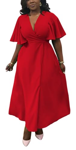 Image of Summer Dresses for Women Semi-Formal Fit Casual Short Ruffle Sleeve V Neck Elegant Swing Split Long Maxi Dresses