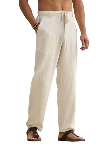 HOTake Men's Linen Pants Casual Beach Summer Vacation Linen Dress Pants Loose Fit