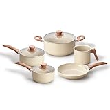 Oikos - Jogo com 5 Panelas Antiaderentes de Revestimento Cerâmica com Tampa de Vidro Terrara Bege com 5 Camadas para Fogão a Gás, Elétricos, Cerâmicos e Halogênio