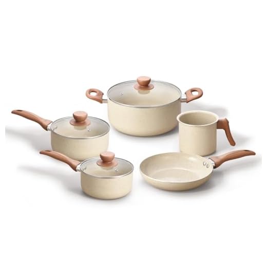 Oikos - Jogo com 5 Panelas Antiaderentes de Revestimento Cerâmica com Tampa de Vidro Terrara Bege com 5 Camadas para Fogão a Gás, Elétricos, Cerâmicos e Halogênio