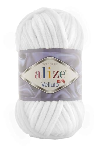 Alize - Lana Velluto, 5 x 100 g, 500 grammi, filato di ciniglia super Bulky, morbido, 100 g, per cuscino per bambini, ecc (bianco 55)