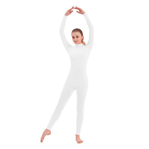 SUPRNOWA Womens Jumpsuit Bodycon Full Body Footless Unitard Long Sleeve Bodysuit with Zipper Comfortable Spandex One-Piece Dance Costume (Small White)