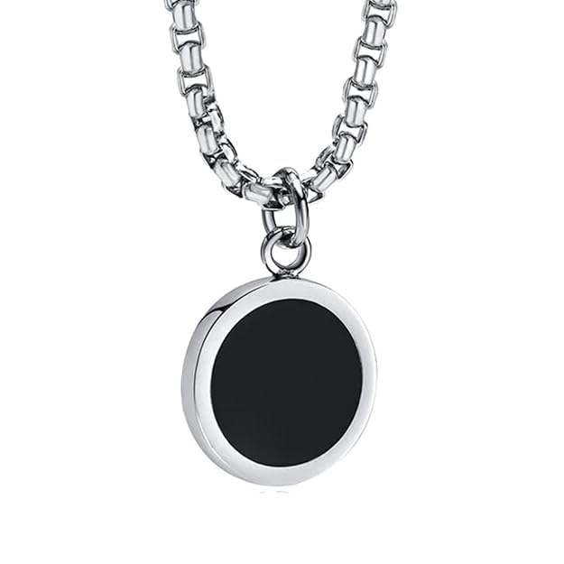 Black Round Silver Necklace for Men and Boys, Stainless Steel Stylish Long Neck Chain with Locket Pendant-picture-31