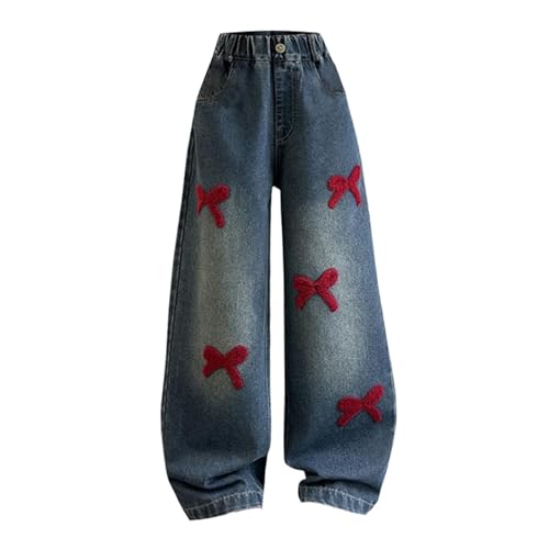 Girls Baggy Jeans with Design Bow Cute Baggy Pants Wide Leg High Waisted Trousers Kids Y2k Streetwear with Pocket
