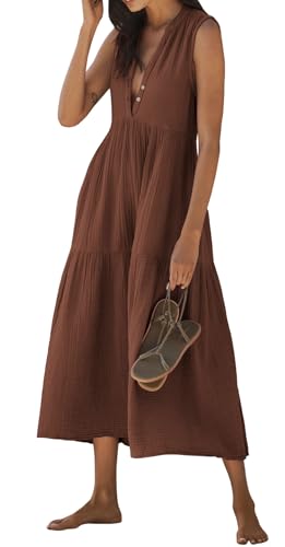 R.Vivimos 2026 Summer Cotton Maxi Dresses for Women Casual Sleeveless Button V Neck Tiered Loose Flowy Beach Long Dress (Large Brown)