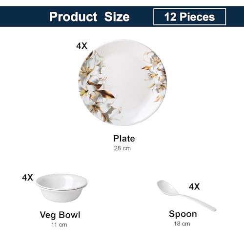 Image of Golden Fish 12 Pieces Dining Set for 4 | Full Plates with Veg Bowls & Eating Spoons Combo | Basic Dinnerware Set for Daily Meals | Lightweight, Easy to Use & Ideal for Home, Hostel & Gifting