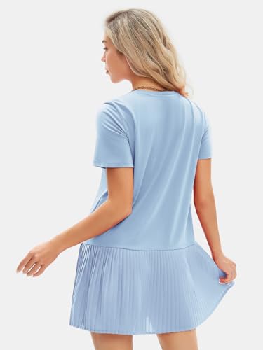 Image of EXLURA Womens Summer Casual Short Sleeve Dress Crewneck Tshirt Dresses Pleated Aline Mini Dress 2025 Vacation Beach Sundress
