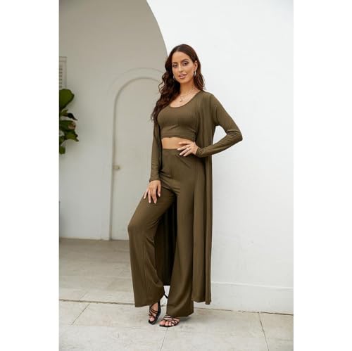 Womens 3 Piece Outfits Open Front Cardigan Cover Up Crop Tank Tops Wide Leg Palazzo Pants Loungewear Set