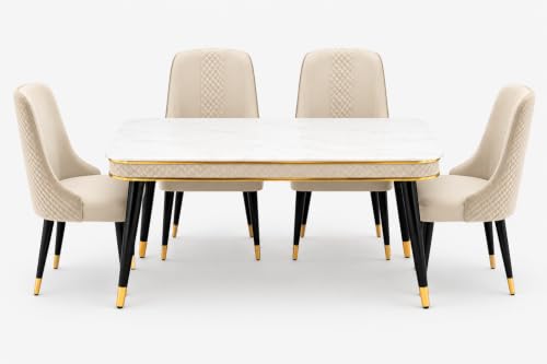 Image of WOODEN SPACE Majestic 4 Seater Wooden Dining Table Set | Urban Marble Top Dining Table with Chairs for Dining Room & Kitchen (Modern Vento Beige) (54 x 36 x 30 inch)