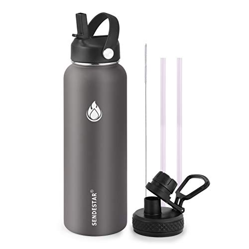 Image of SENDESTAR Stainless Steel Water Bottle, Wide Mouth Water Bottle 40 oz with Straw Lid, Spout Lid, Double Wall Vacuum Insulated Leak Proof, Keeps Liquids Hot or Cold (Gray)