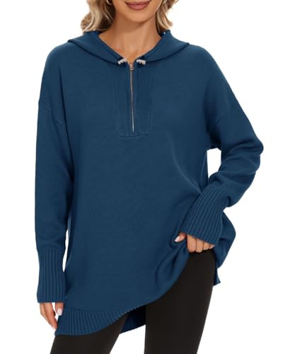 Women’s Hooded Sweater Loose Half Zip Drawstring Pullover Sweatshirt Top Casual Long Sleeve Side Slit Knit Hoodie2