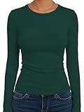 Cuptacc T Shirt Langarm Damen Rundhals Slim Fit Pullover Basics Warm Einfarbige Enge Oberteile Casual Gestricktes Ribbed Einfarbig Tops Dunkelgrün M