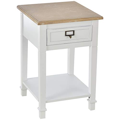 HOMCOM Mesita de Noche Mesa Auxiliar Multifuncional Diseño Retro Envejecido con Cajón y Estante Revestimiento Pintura 39,8x39,8x60,5 cm Madera y Blanco