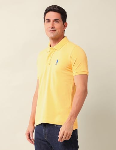 Image of U.S. Polo Assn. Men's Yellow Solid Polo Collar Half Sleeve Casual Cotton Slim Fit T-Shirt