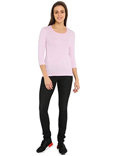 Image of Jockey 1360 Women's Super Combed Cotton Elastane Stretch Slim Fit Striped Round Neck Three Quarter Sleeve T-Shirt