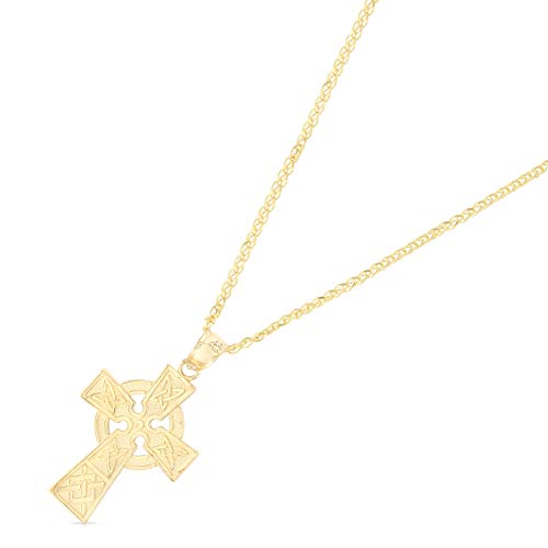14K Yellow Gold Celtic Cross Pendant with 1.4mm Flat Open Wheat Chain Chain Necklace2