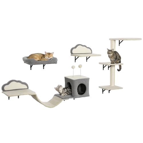 PawHut Kletterwand Katzen 4-teilig Katzen Kletterwand Set mit Kratzbrett, Bett, Kratzbaum mit Höhle, weicher Leiter, Katzenmöbel bis zu 5 kg, Beige