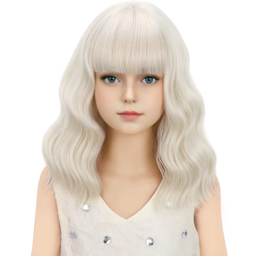 Image of kids White Blonde Wig Girls Short Light Blonde Wavy Curly Wigs Child Wig with Air Bangs Synthetic Cosplay Hair Wigs