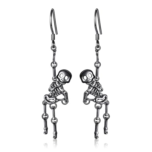 Black Skeleton Earring S925 Sterling Silver Halloween Spooky Gothic Skull Dangle Drop Earring for Women Jewelry