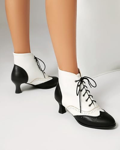 SHEMEE Women's Vintage Victorian Boots Kitten Heels Ankle Booties Lace Up Oxford Brogues Boots Wingtip Perforated Tie Up Low Mid Heel Renaissance Witch Shoes4