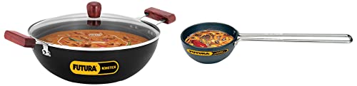 Image of Hawkins Futura 5 Litre Deep Kadhai with Glass Lid, Induction Kadai, Deep Fry Pan & Small Tadka Pan, Hard Anodised Spice Heating Pan, 1 Cup