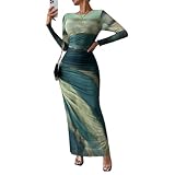 LIGHT DOT Women's Printed Bodycon Maxi Dress Long Sleeve Tie Dye Mesh Layered Dress (Green,L)