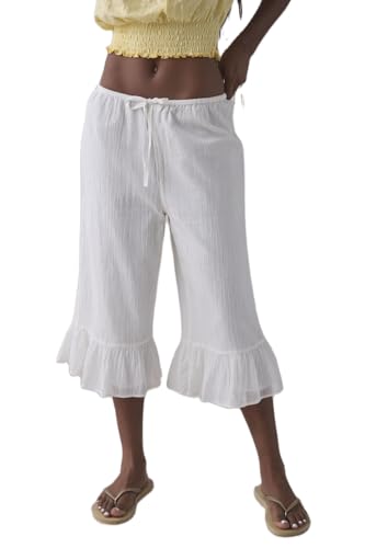 Image of UAURORAO Women Lace Trim Long Bloomers Elastic Mid Rise Ruffle Pantaloons Cropped Flared Slips Pants Pajama Bottoms
